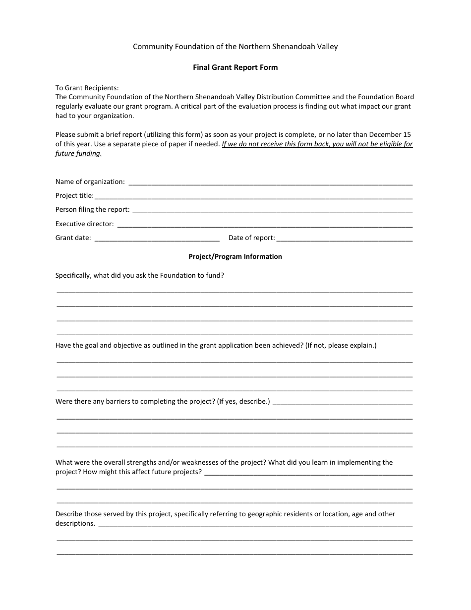 Final Grant Report Form - Community Foundation of the Northern Shenandoah Valley - Virginia, Page 1