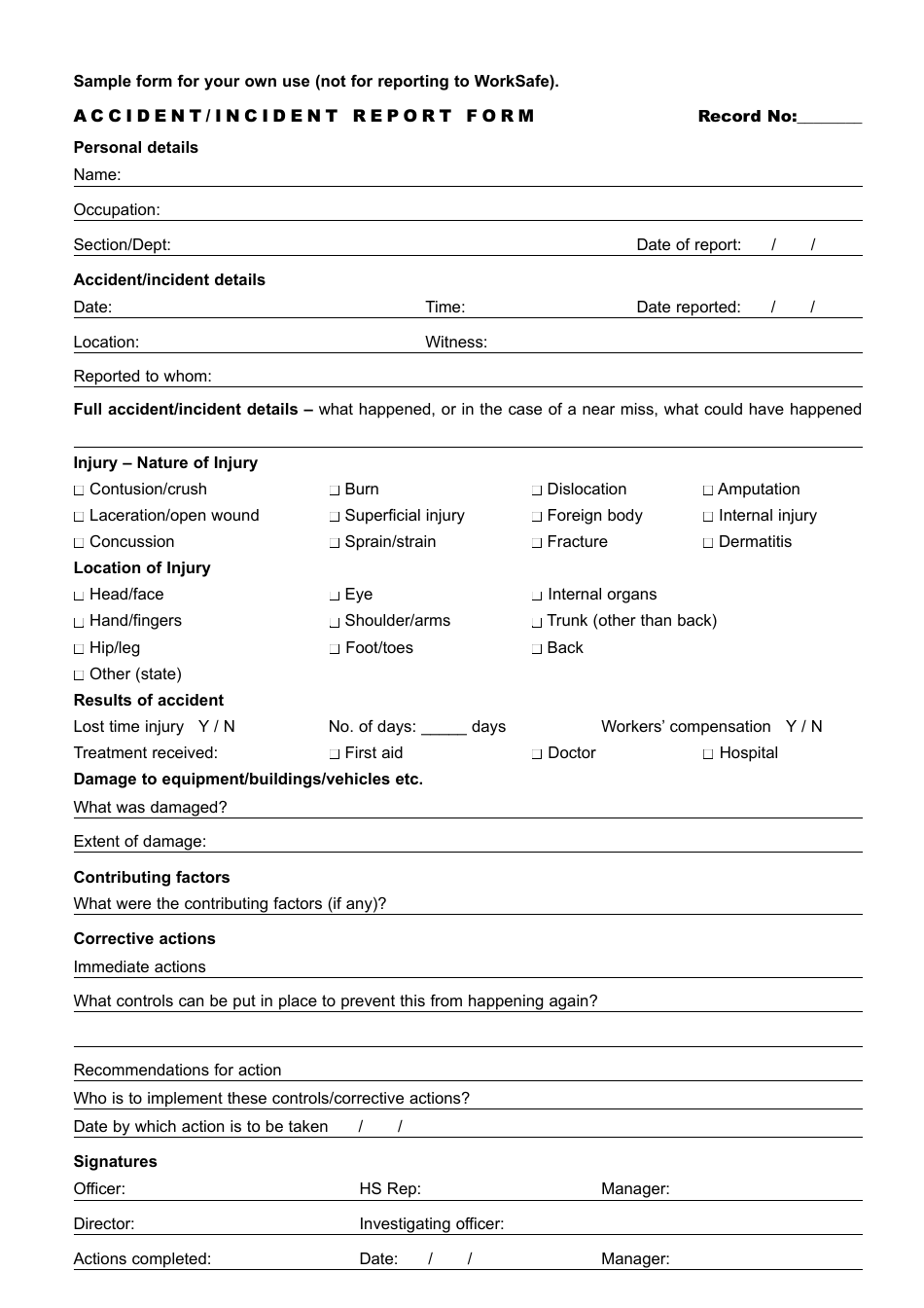 Printable Accident Report Form