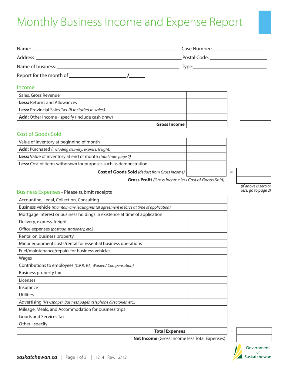 Form 1214 Monthly Business Income and Expense Report - Saskatchewan, Canada, Page 1