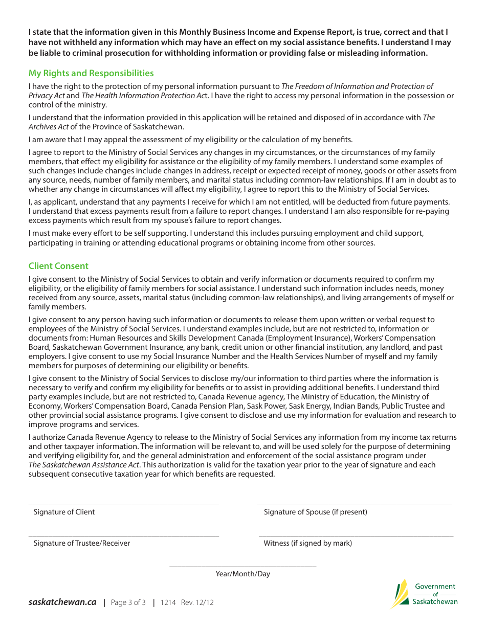 Form 1214 Monthly Business Income and Expense Report - Saskatchewan, Canada, Page 3