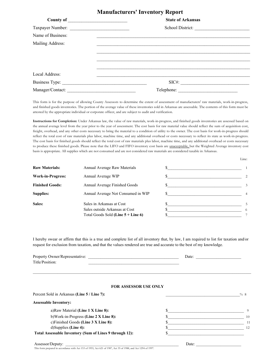Form A-5 Manufacturers Inventory Report Form - Arkansas, Page 1