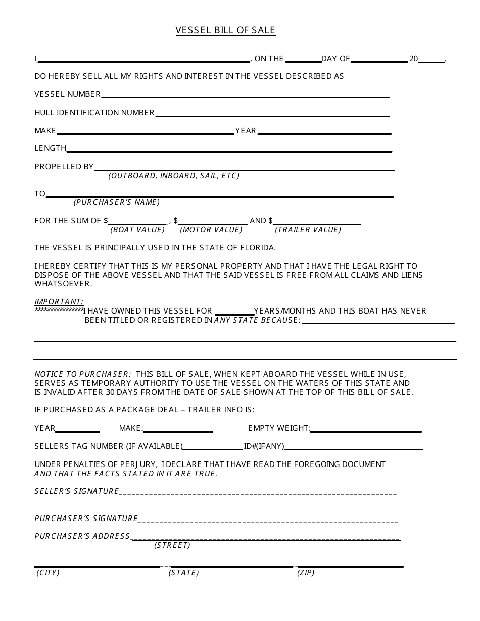 Vessel Bill of Sale Form - Citrus County, Florida, Page 1