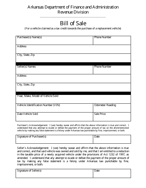 "Vehicle Bill of Sale (Credit for Vehicle Sold)" - Arkansas Download Pdf