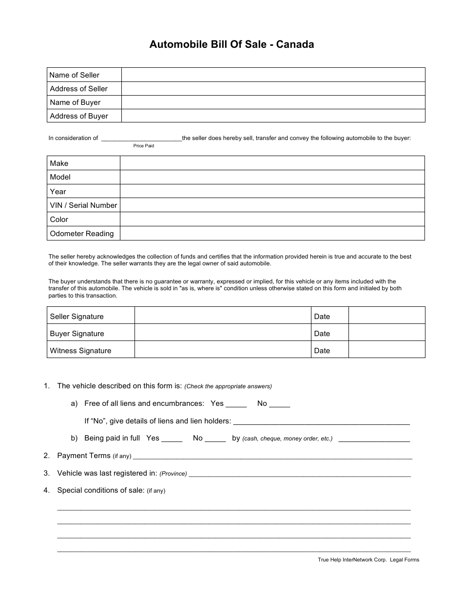Automobile Bill of Sale Form - True Help Internetwork Corp - Canada, Page 1