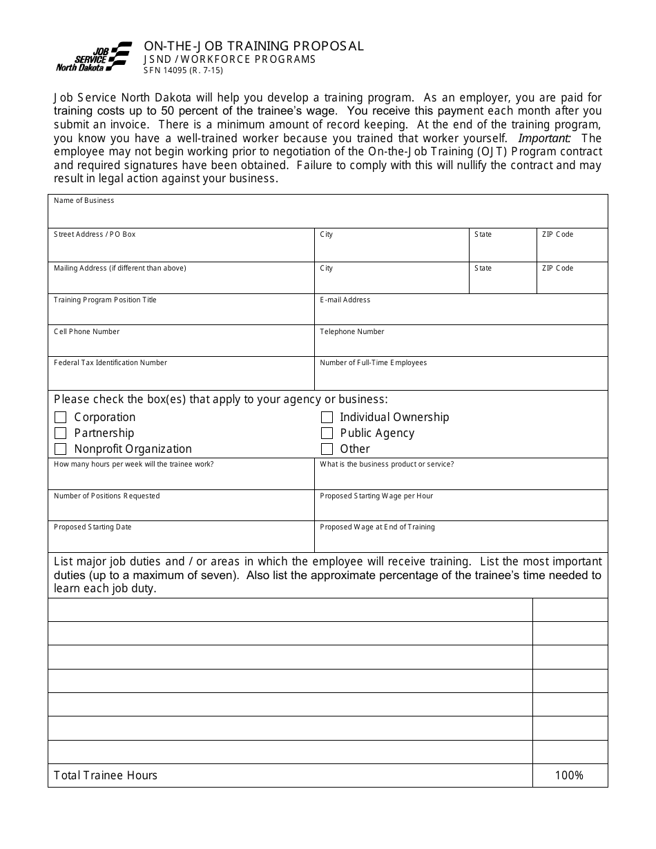 Form SFN14095 On-The-Job Training Proposal Form - North Dakota, Page 1