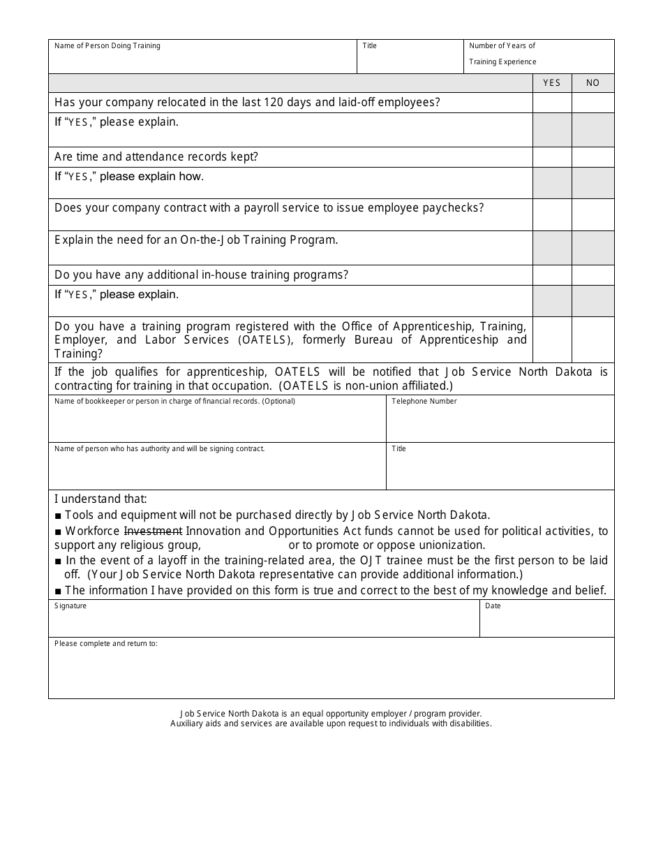 Form SFN14095 On-The-Job Training Proposal Form - North Dakota, Page 3