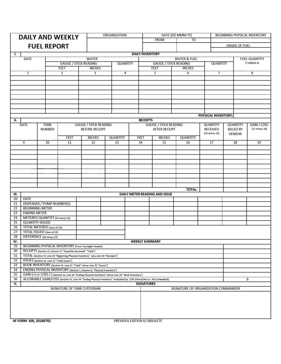 AF Form 500 Daily and Weekly Fuel Record, Page 1