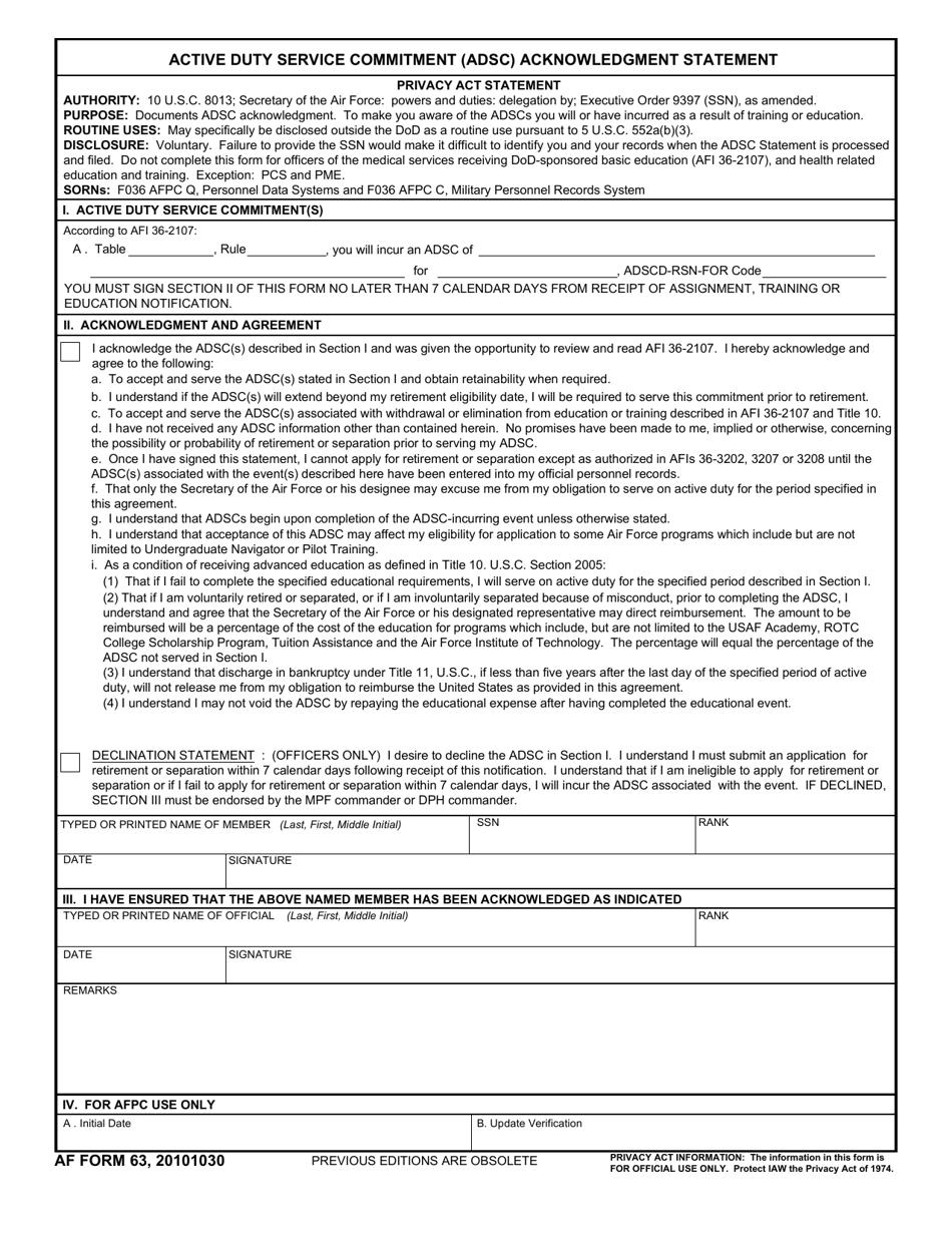 AF Form 63 Active Duty Service Commitment (ADSC) Acknowledgement Statement, Page 1