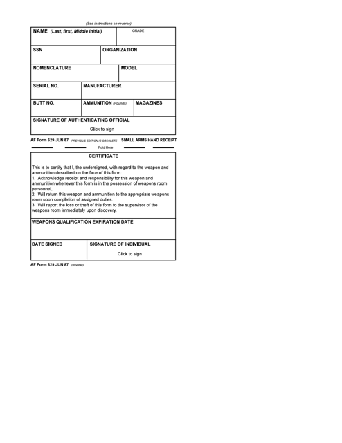 AF Form 629 Small Arms Hand Receipt
