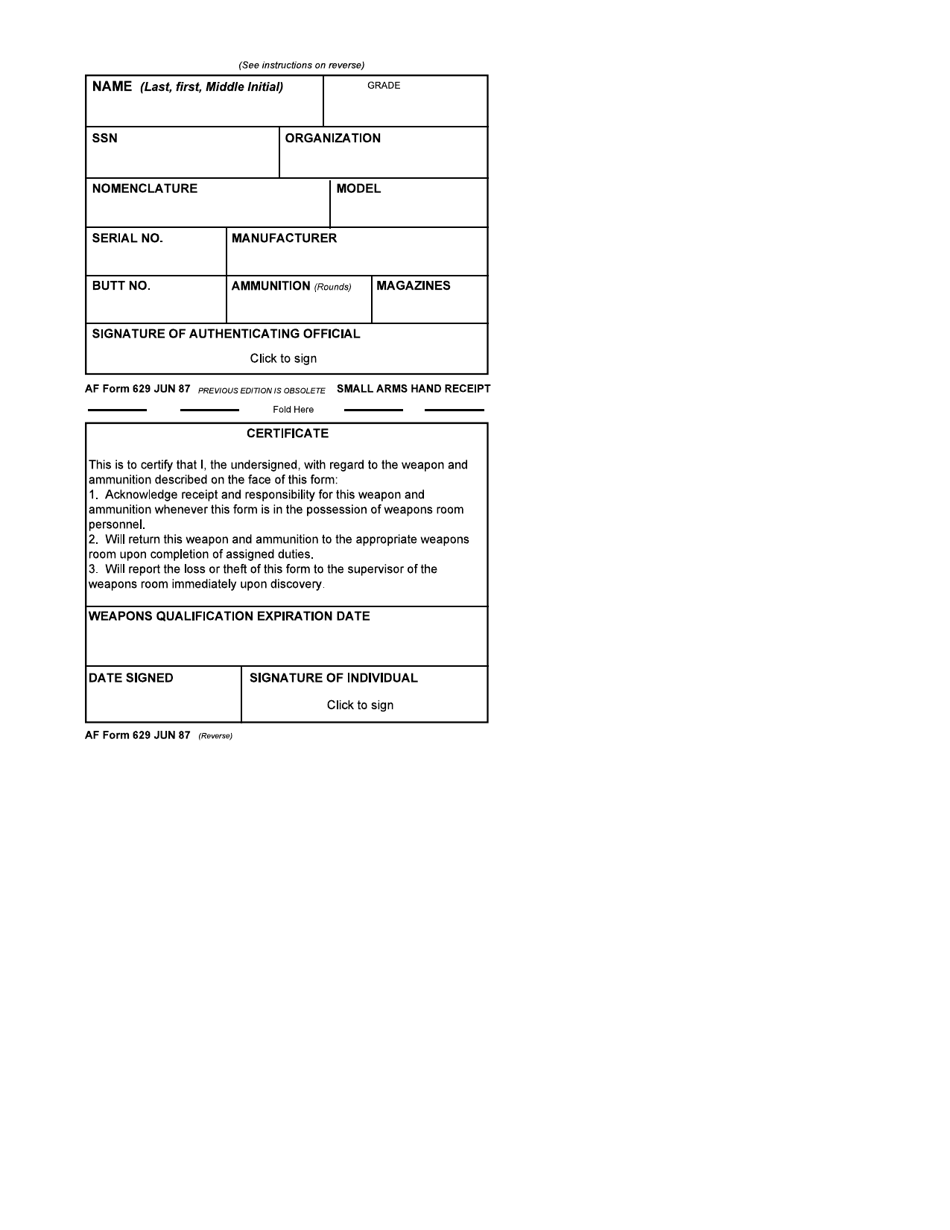 AF Form 629 Small Arms Hand Receipt, Page 1