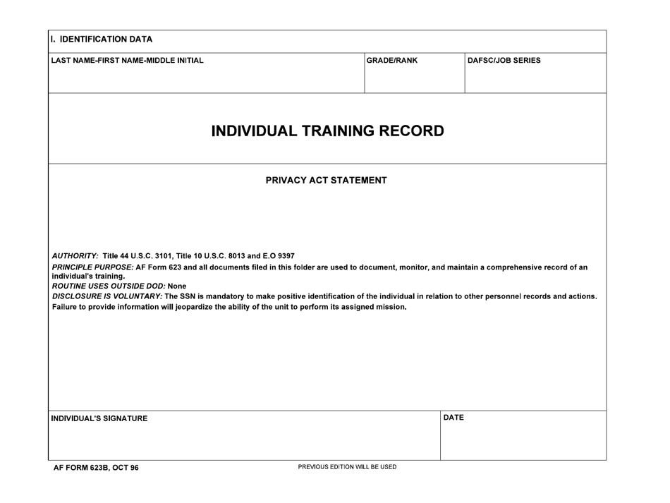 AF Form 623B Individual Training Record, Page 1