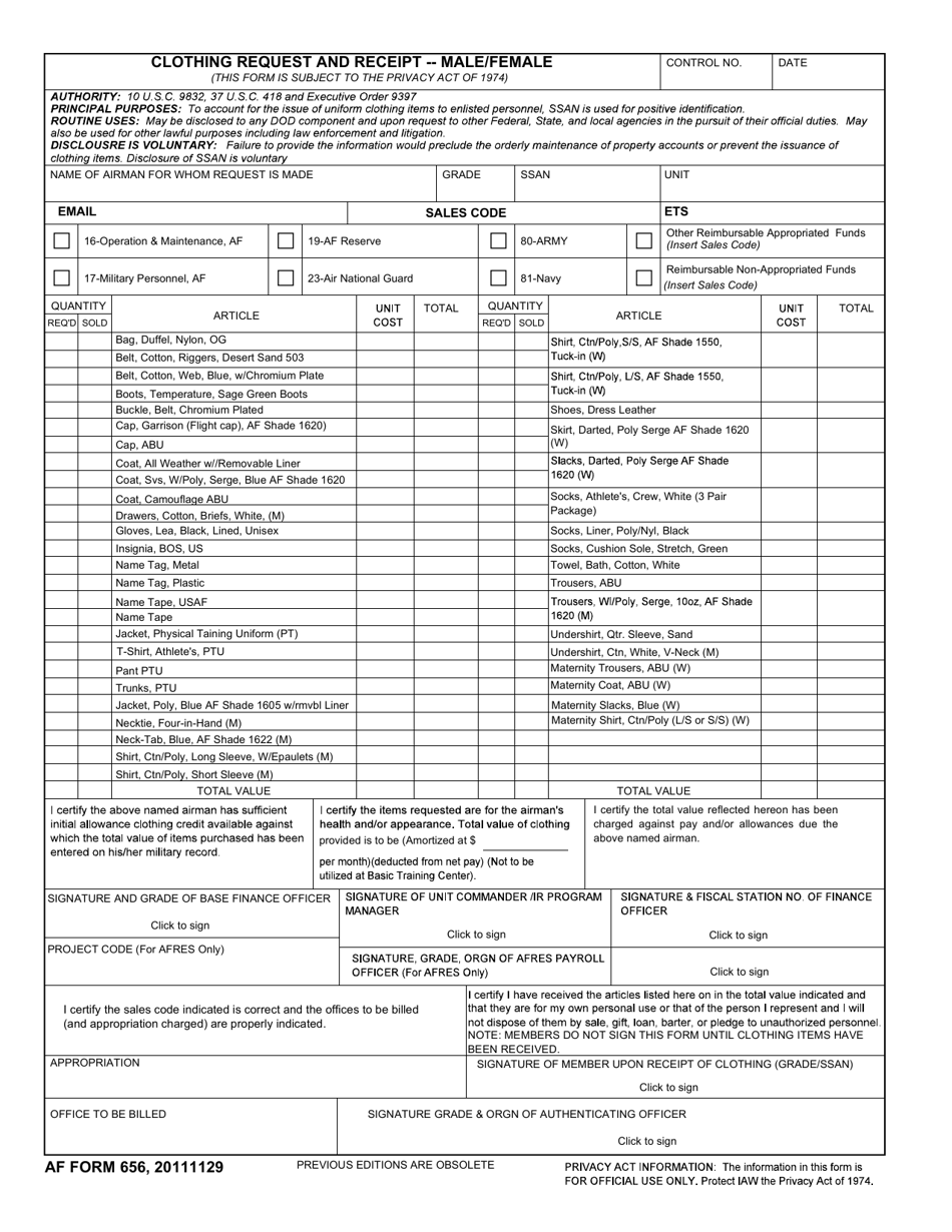 AF Form 656 Clothing Request and Receipt - Male / Female, Page 1