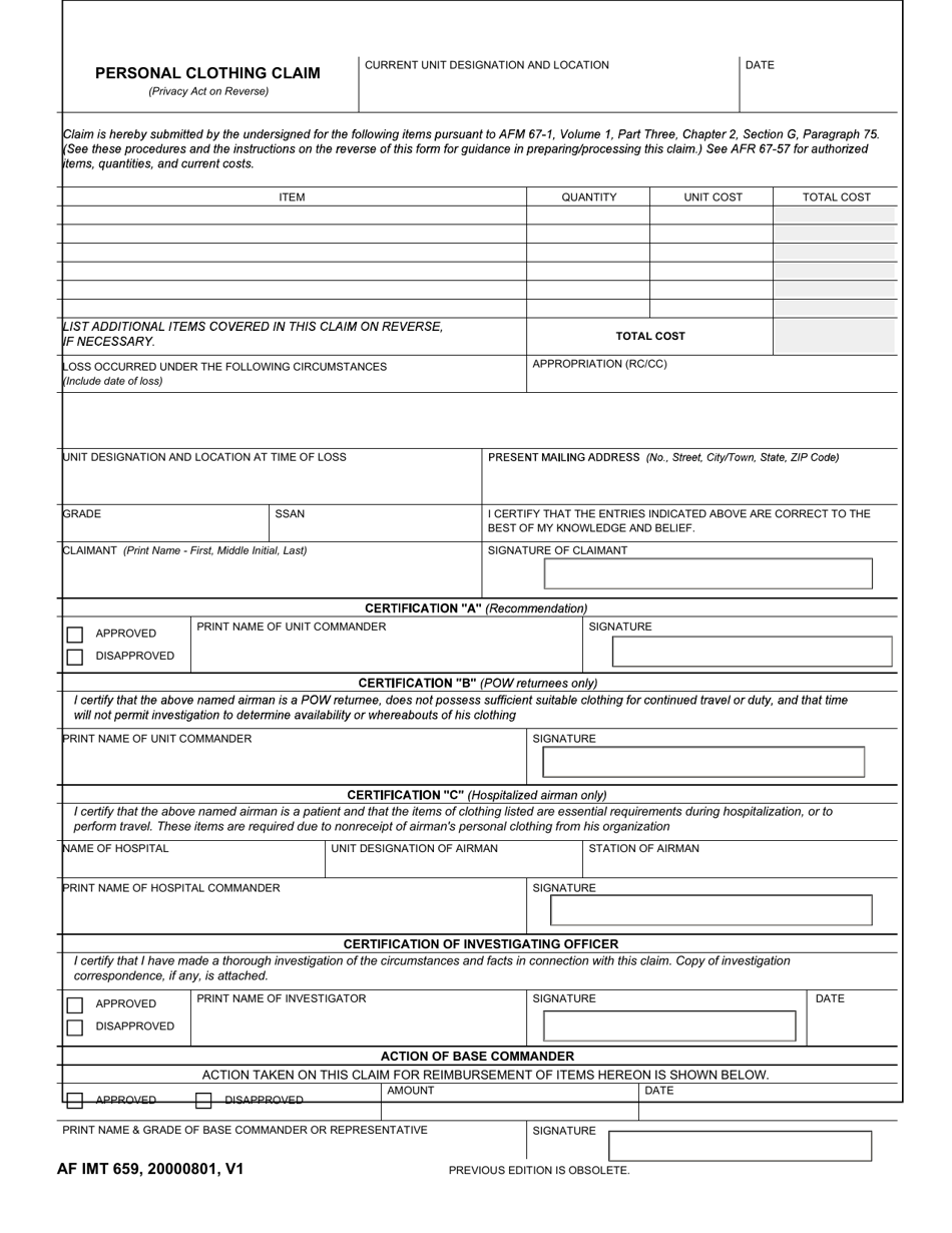 AF IMT Form 659 Personal Clothing Claim, Page 1
