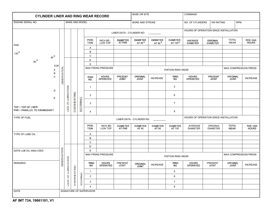 AF IMT Form 734 Cylinder Liner and Ring Wear Record, Page 1