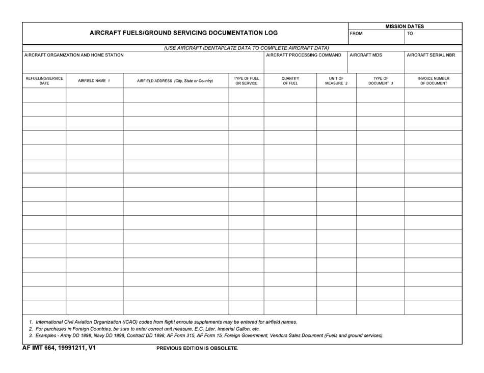 AF IMT Form 664 Aircraft Fuels Documentation Log, Page 1