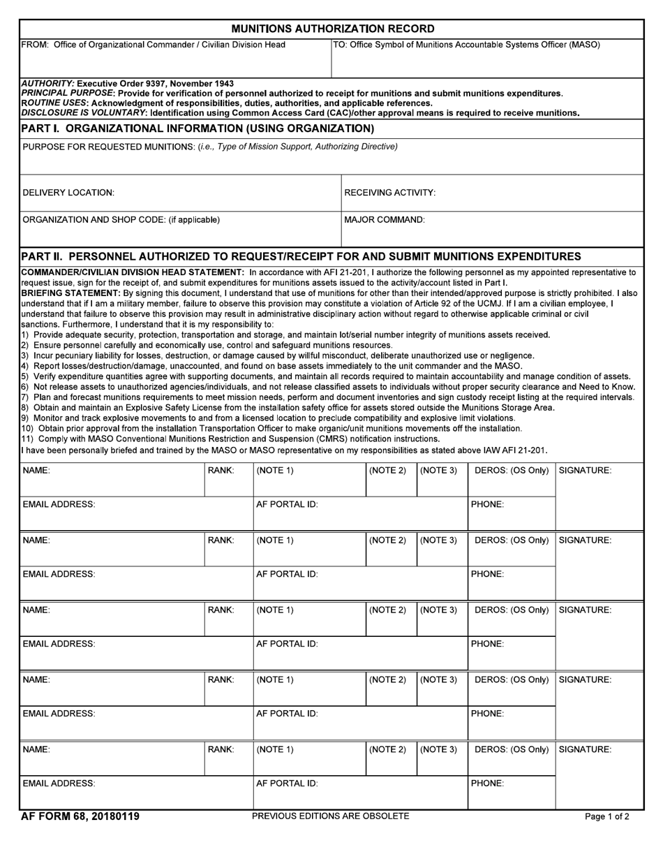AF Form 68 Munitions Authorization Record, Page 1