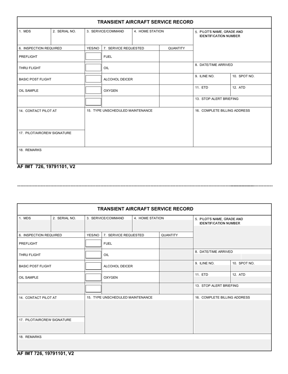 AF IMT Form 726 Transient Aircraft Service Record, Page 1