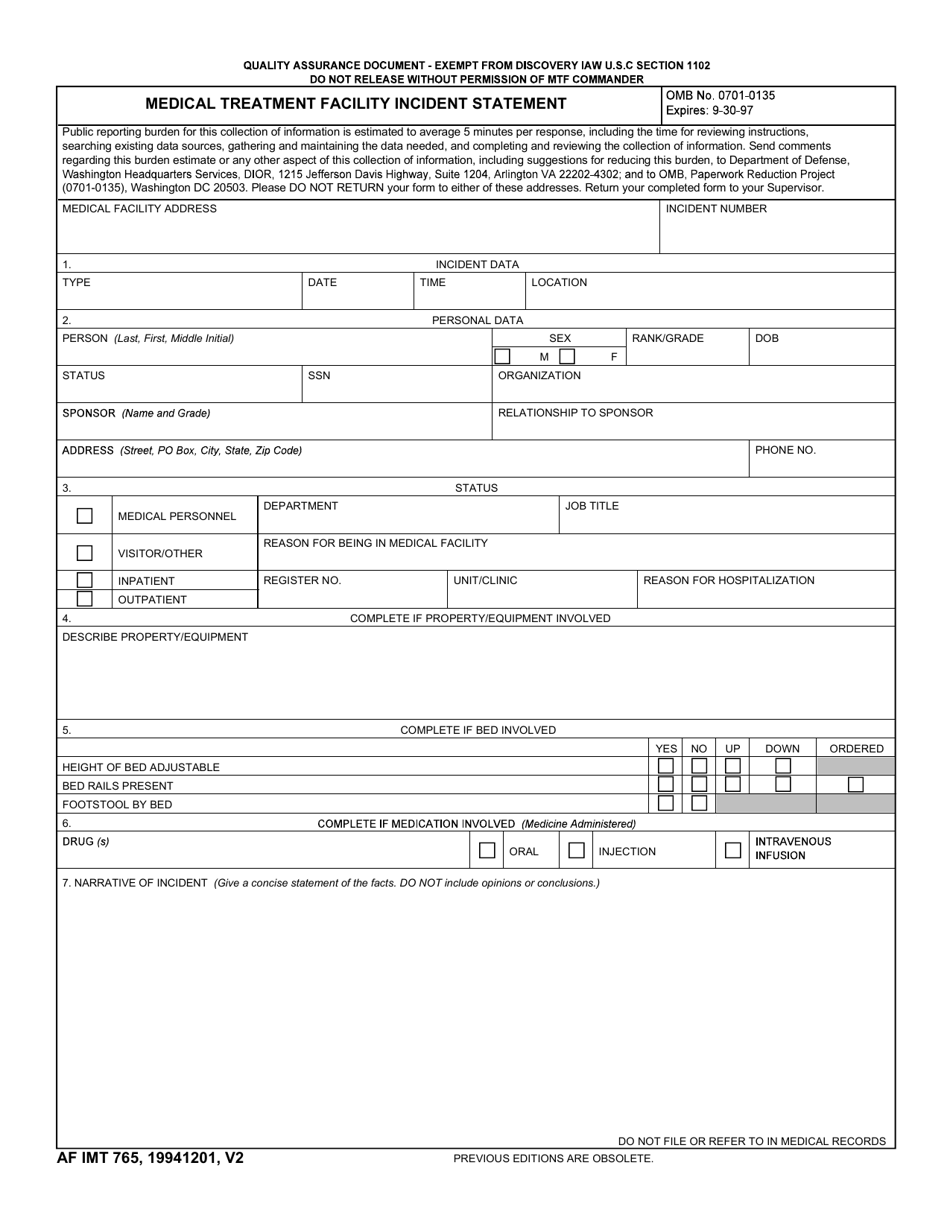 AF IMT Form 765 Medical Treatment Facility Incident Statement, Page 1