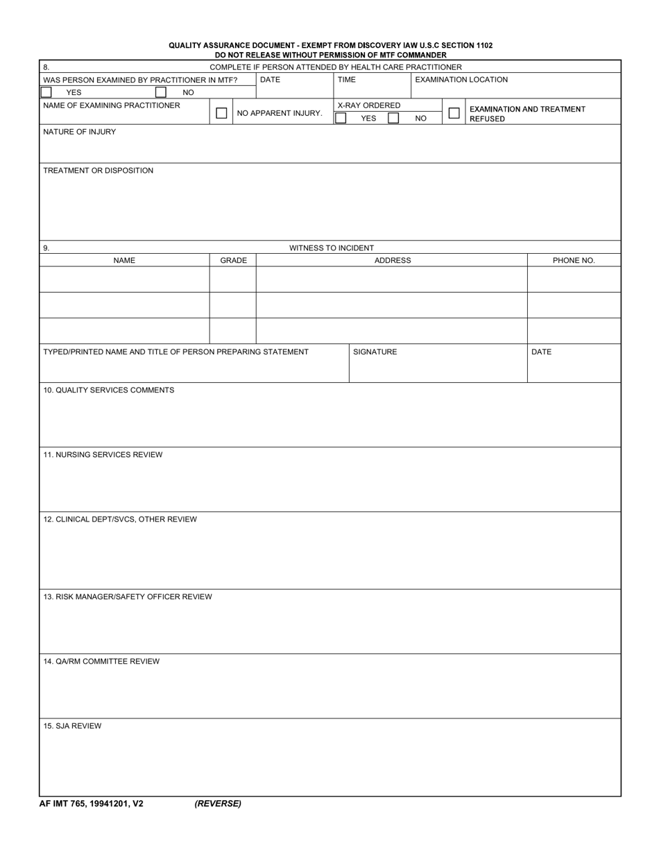 AF IMT Form 765 Medical Treatment Facility Incident Statement, Page 2