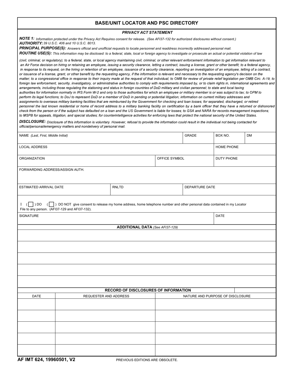 AF IMT Form 624 Base / Unit Locator and Psc Directory, Page 1