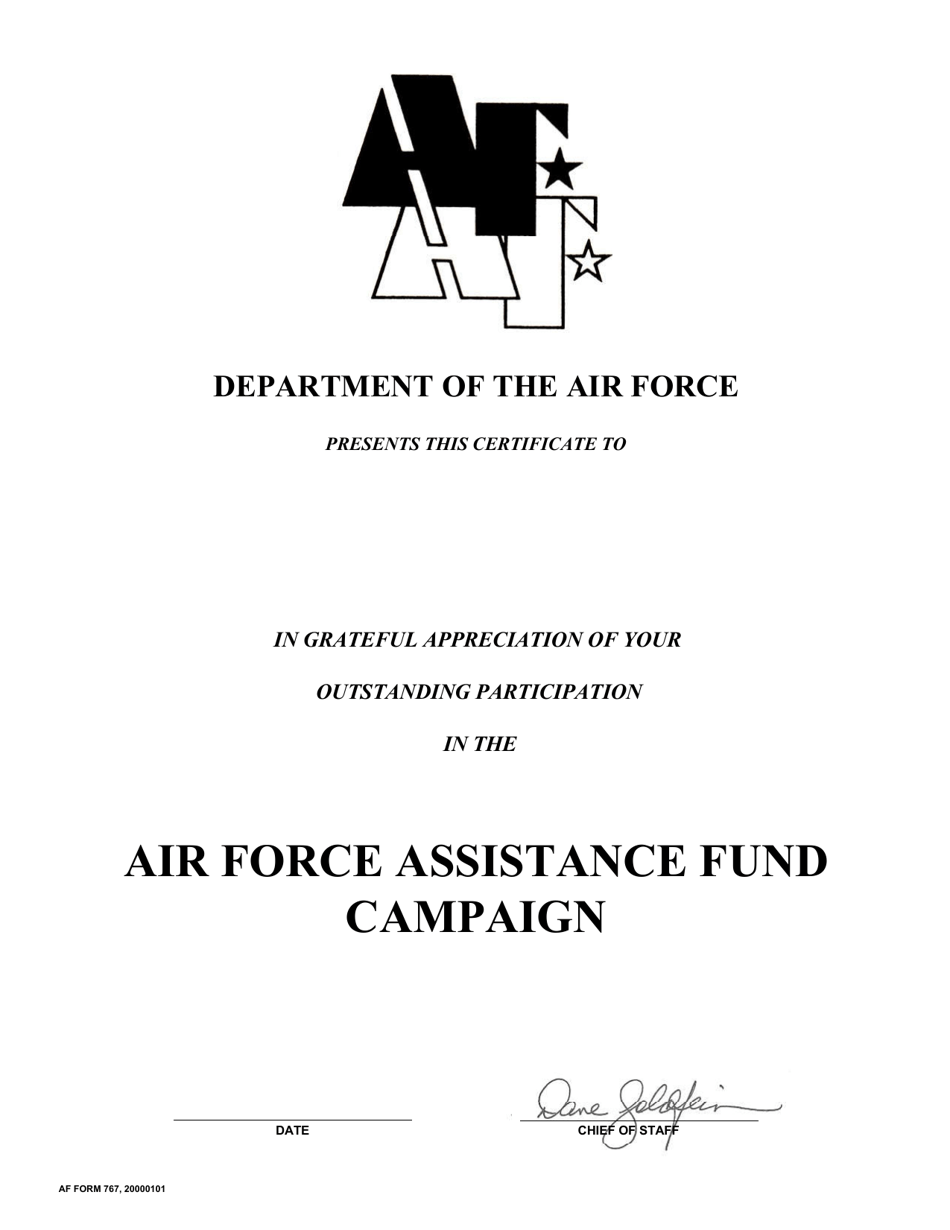 AF Form 767 Air Force Assistance Campaign Recognition Certificate - Individual  Group, Page 1