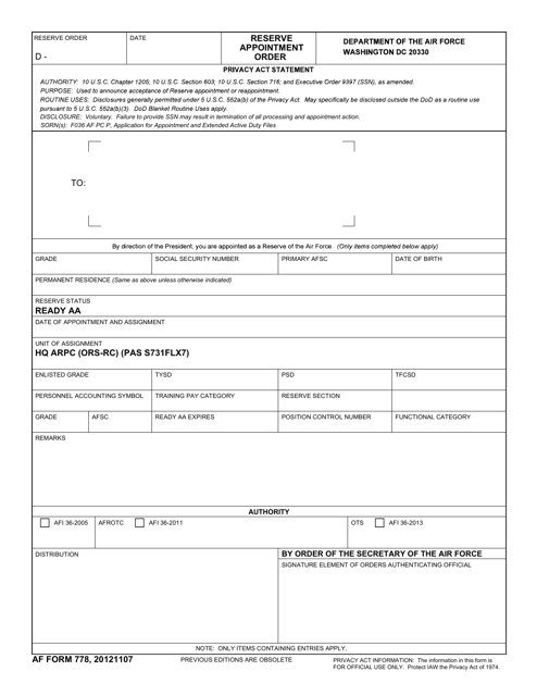 AF Form 778 Reserve Appointment Order