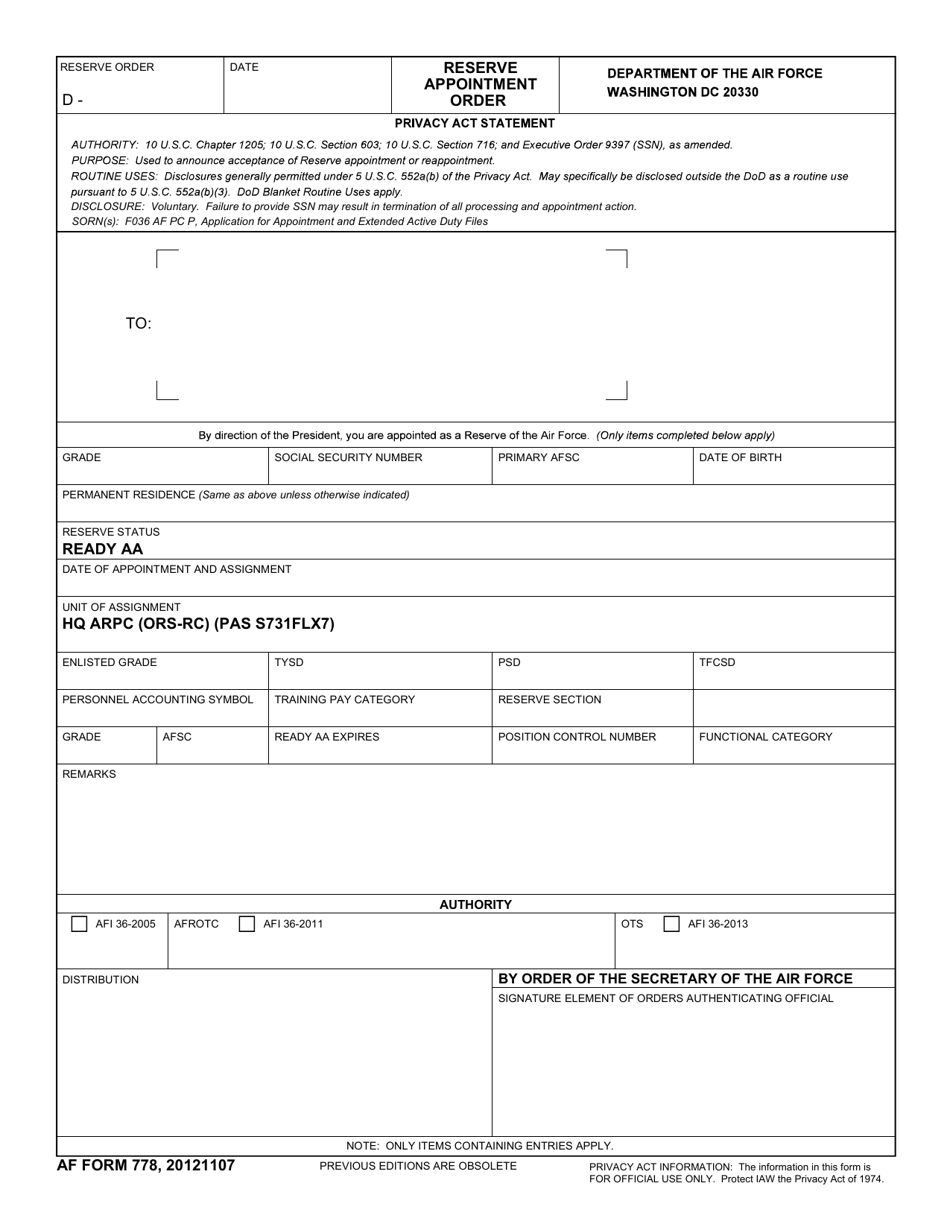 AF Form 778 Reserve Appointment Order, Page 1