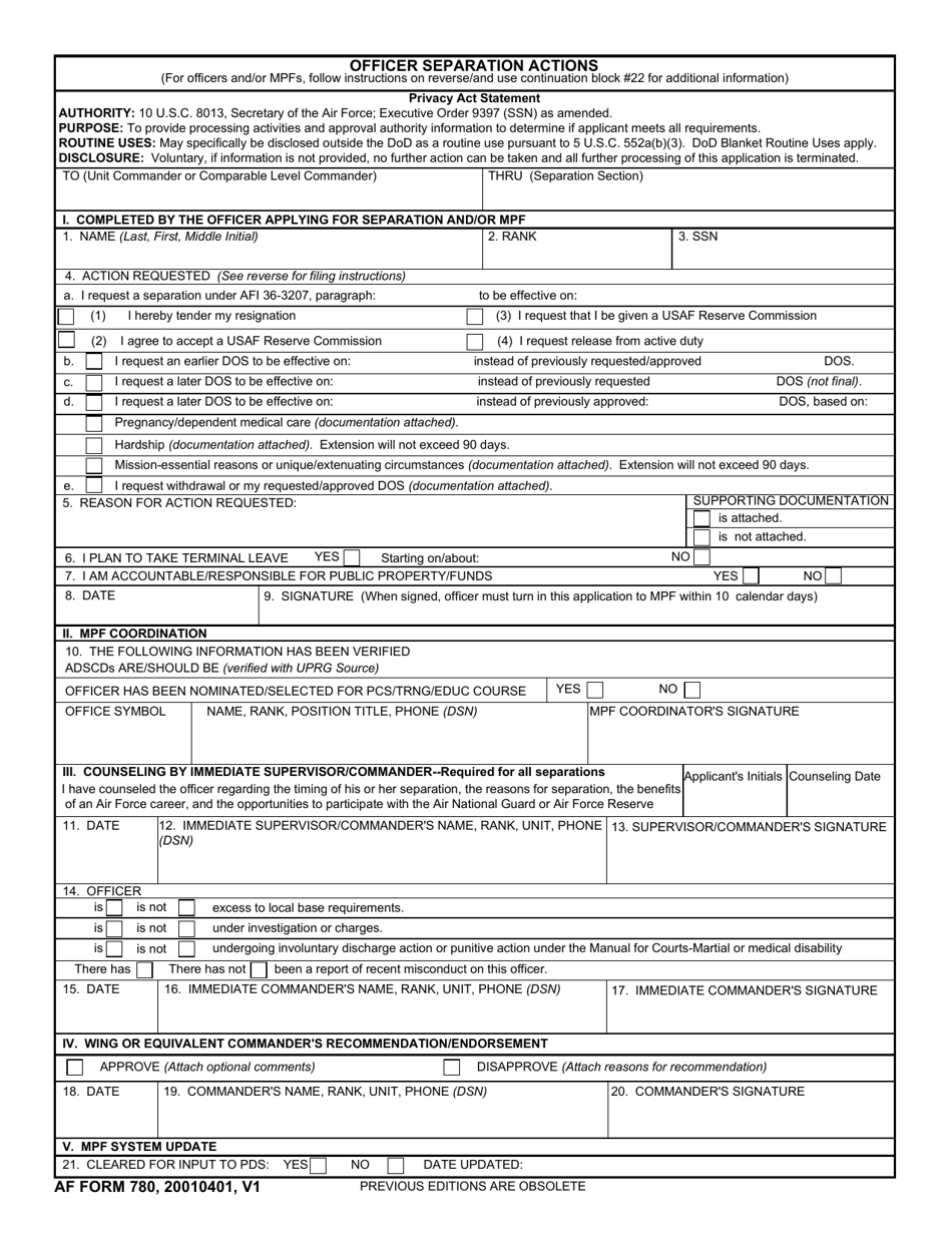 AF Form 780 Officer Separation Actions, Page 1