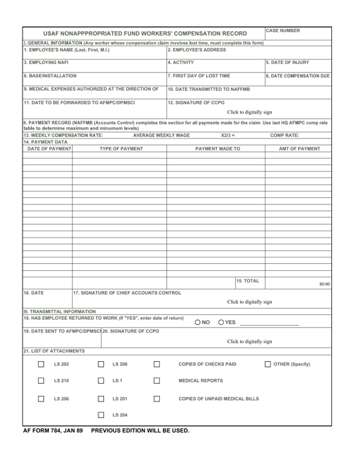AF Form 784  Printable Pdf