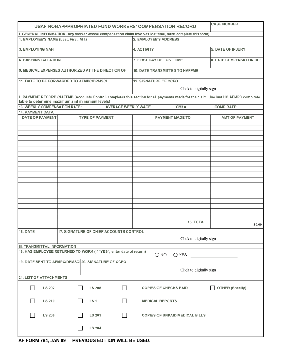 AF Form 784 USAF Nonappropriated Fund Workers Compensation Record, Page 1