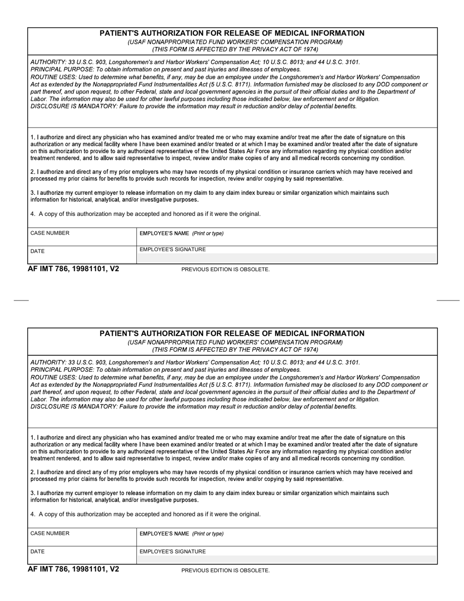 AF IMT Form 786 Patients Authorization for Release of Medical Information, Page 1