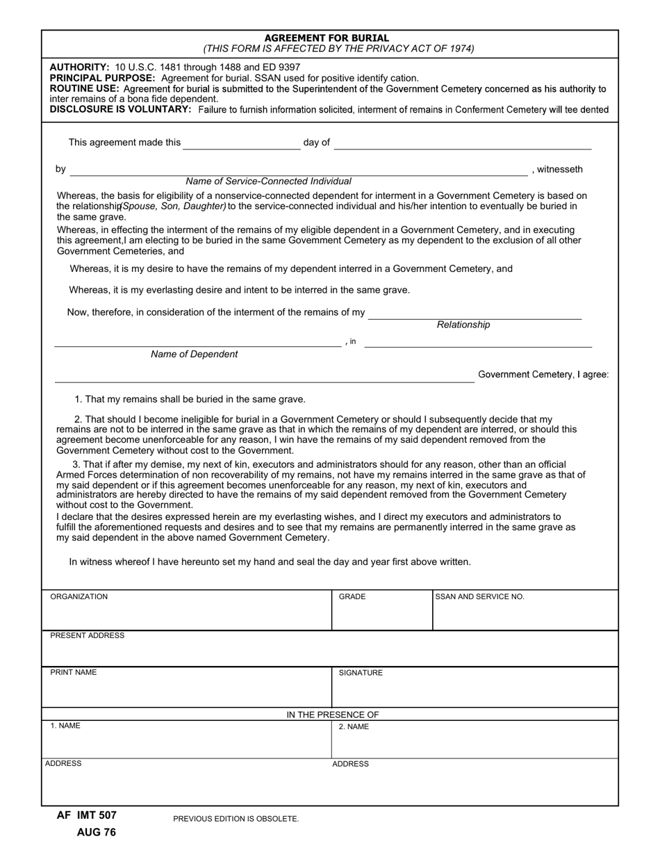 AF IMT Form 507 Agreement for Burial, Page 1