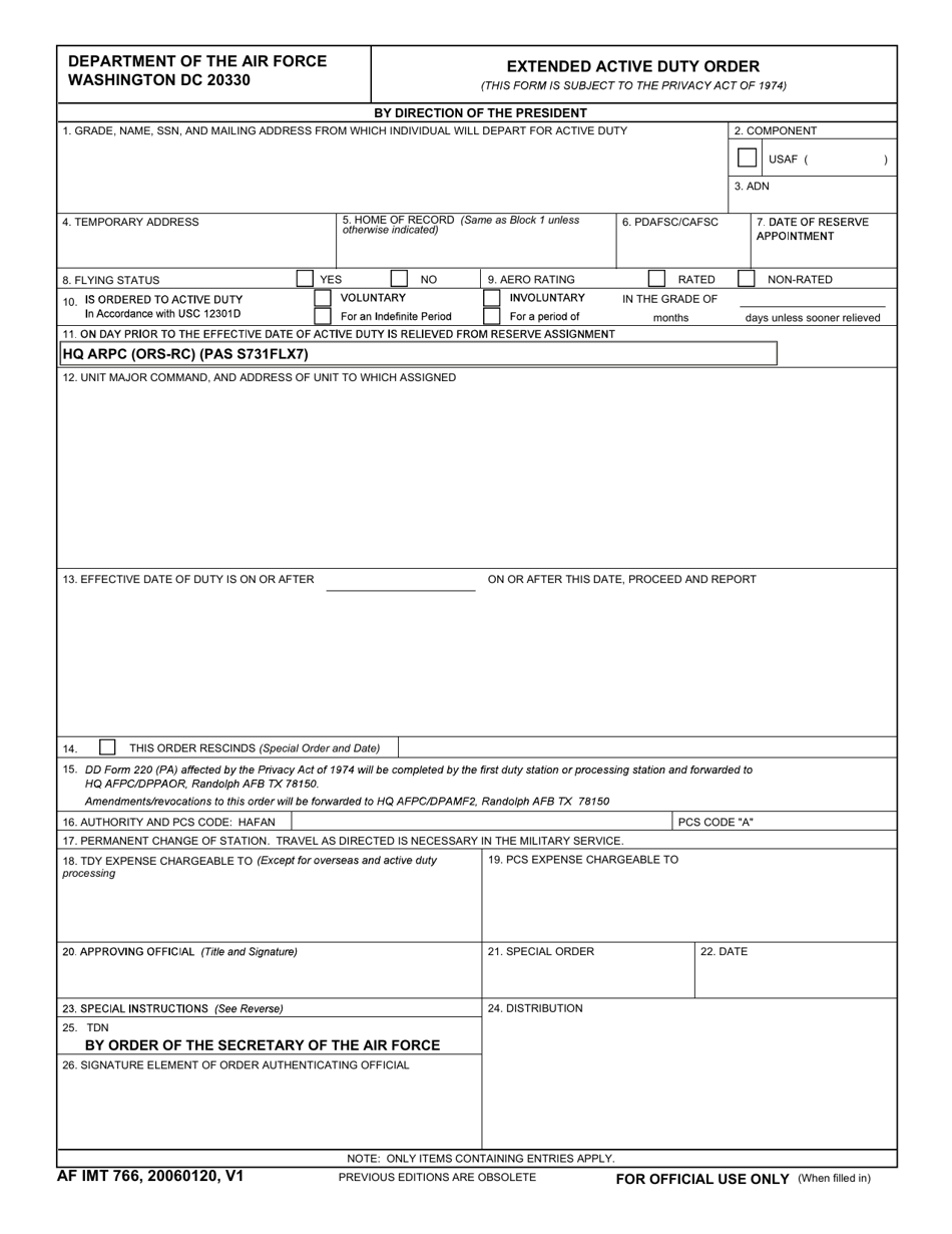 AF IMT Form 766 Extended Active Duty Order, Page 1