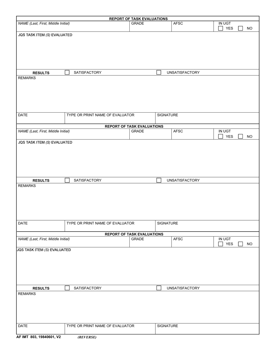 AF IMT Form 803 Report of Task Evaluations, Page 2