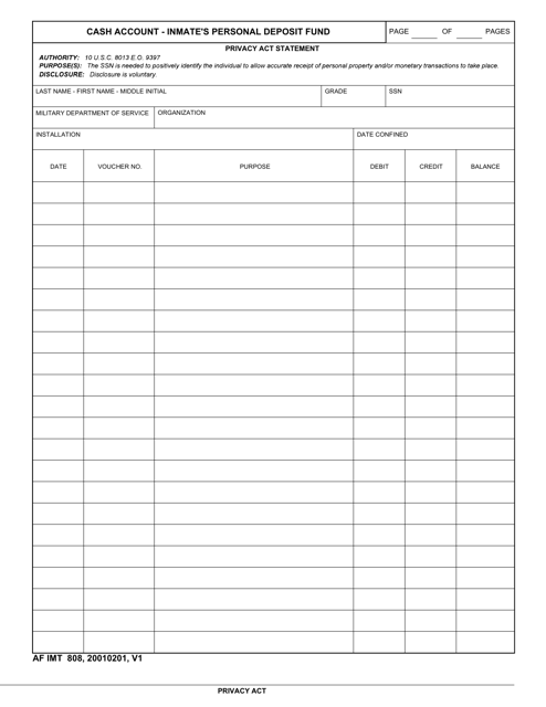 AF IMT Form 808 Cash Account - Inmate's Personal Deposit Fund