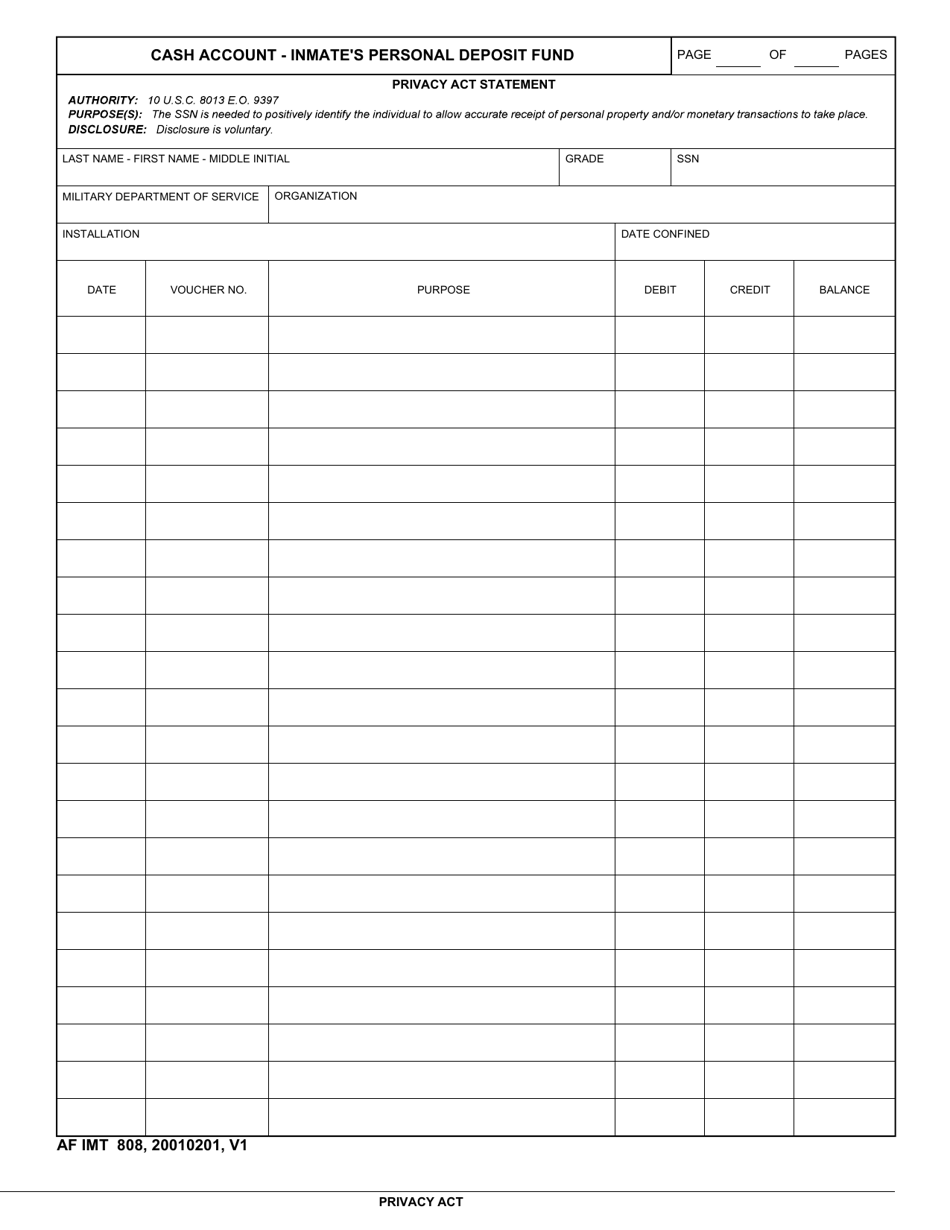 AF IMT Form 808 Cash Account - Inmates Personal Deposit Fund, Page 1