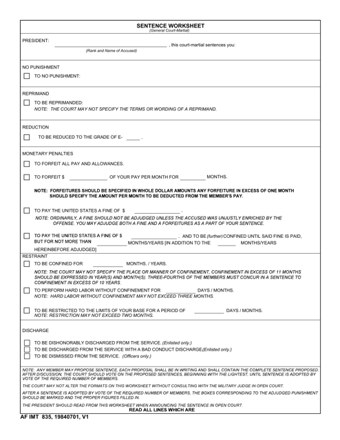 AF IMT Form 835 Sentence Worksheet (General Court-Martial)