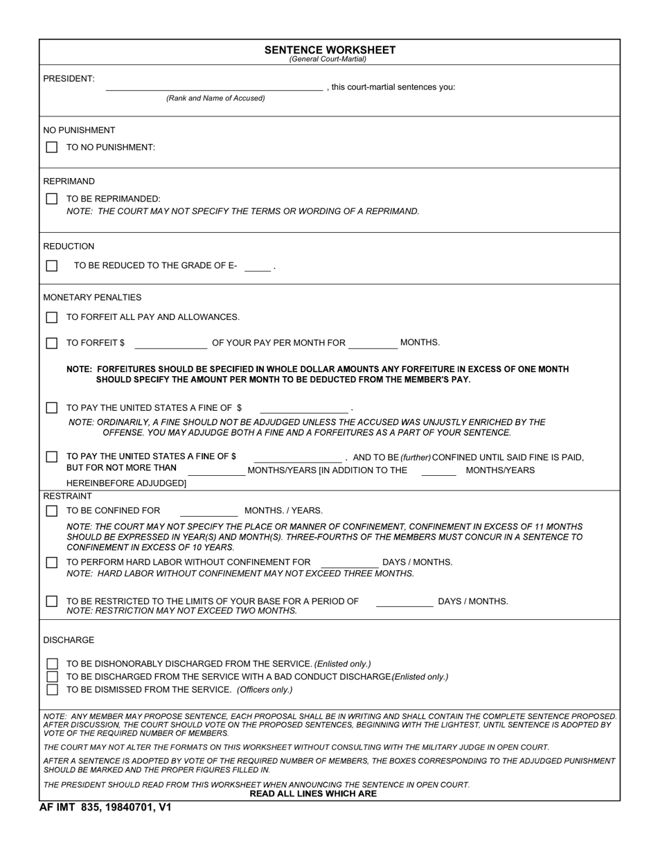 AF IMT Form 835 Sentence Worksheet (General Court-Martial), Page 1