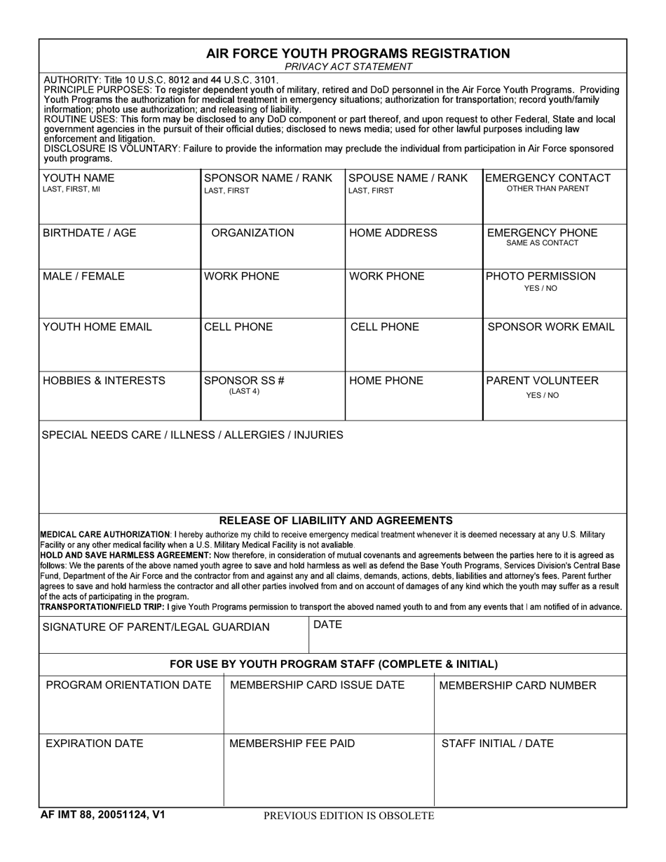 AF IMT Form 88 Air Force Youth Programs Registration, Page 1