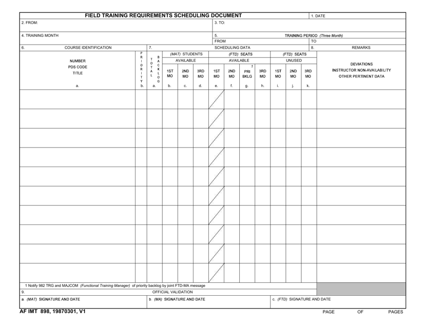 AF IMT Form 898 Field Training Requirements Scheduling Document