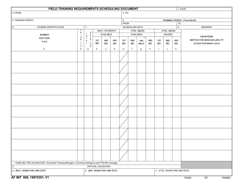 AF IMT Form 898 Field Training Requirements Scheduling Document, Page 1