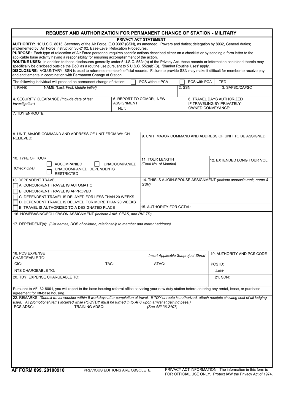 Af Form 9 Download Fillable Pdf Or Fill Online Request And Authorization For Permanent Change Of Station Military Templateroller