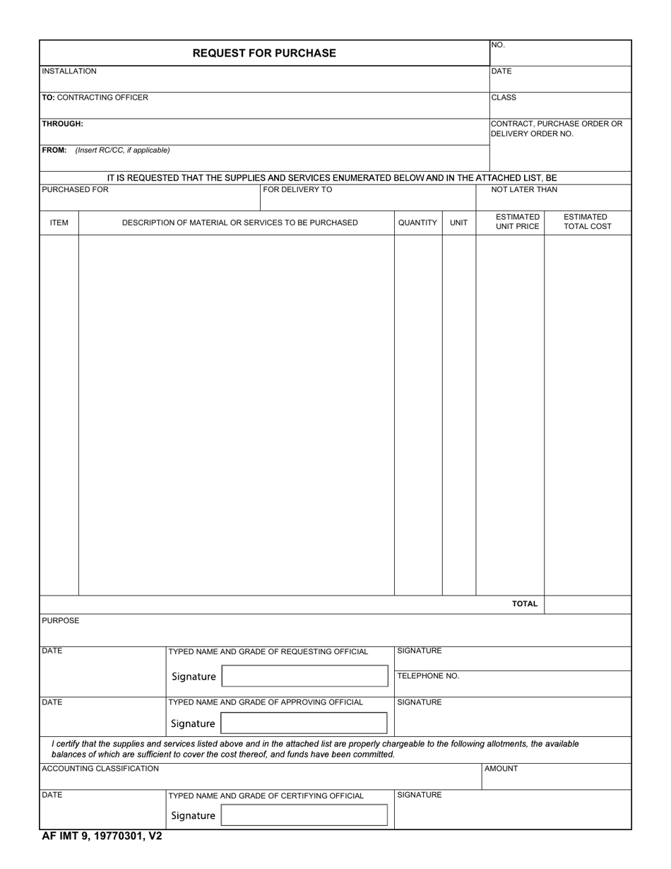 AF IMT Form 9 Request for Purchase, Page 1