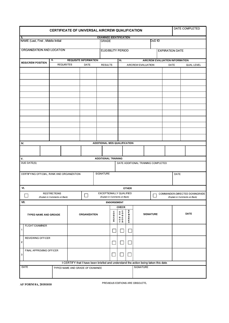 AF Form 8A Certificate of Universal Aircrew Qualification, Page 1
