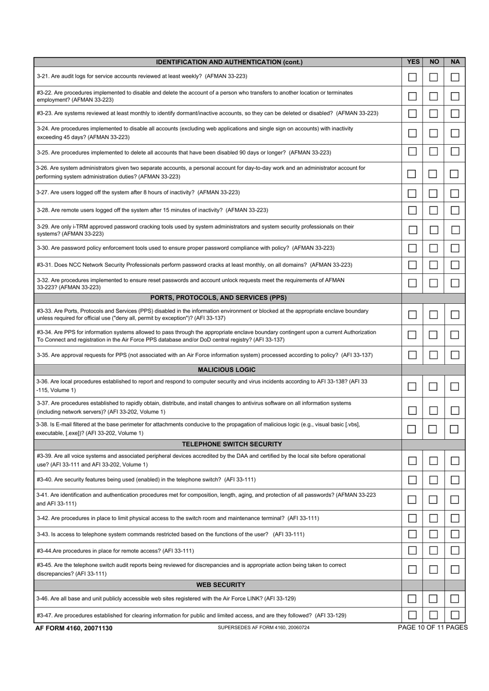 AF Form 4160 Information Assurance Assessment and Assistance Program (Iaap) Criteria, Page 10