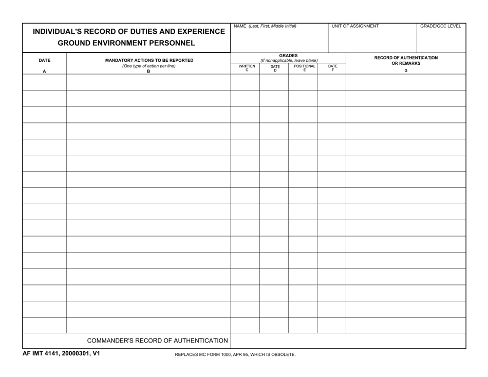 AF IMT Form 4141 Individuals Record of Duties and Experience Ground Environment Personnel, Page 1
