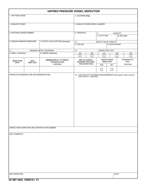 AF IMT Form 4065 Unfired Pressure Vessel Inspection
