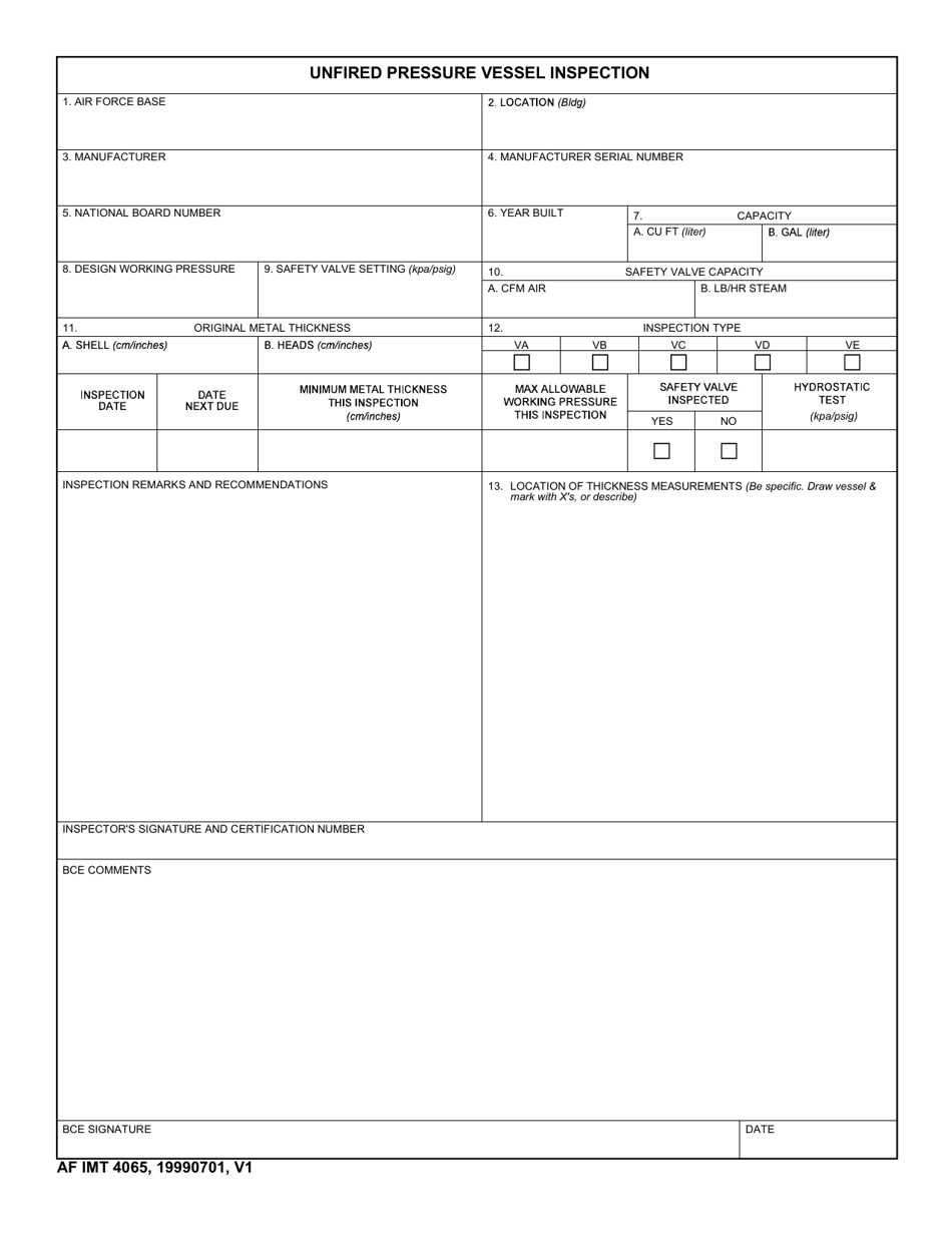 AF IMT Form 4065 Unfired Pressure Vessel Inspection, Page 1