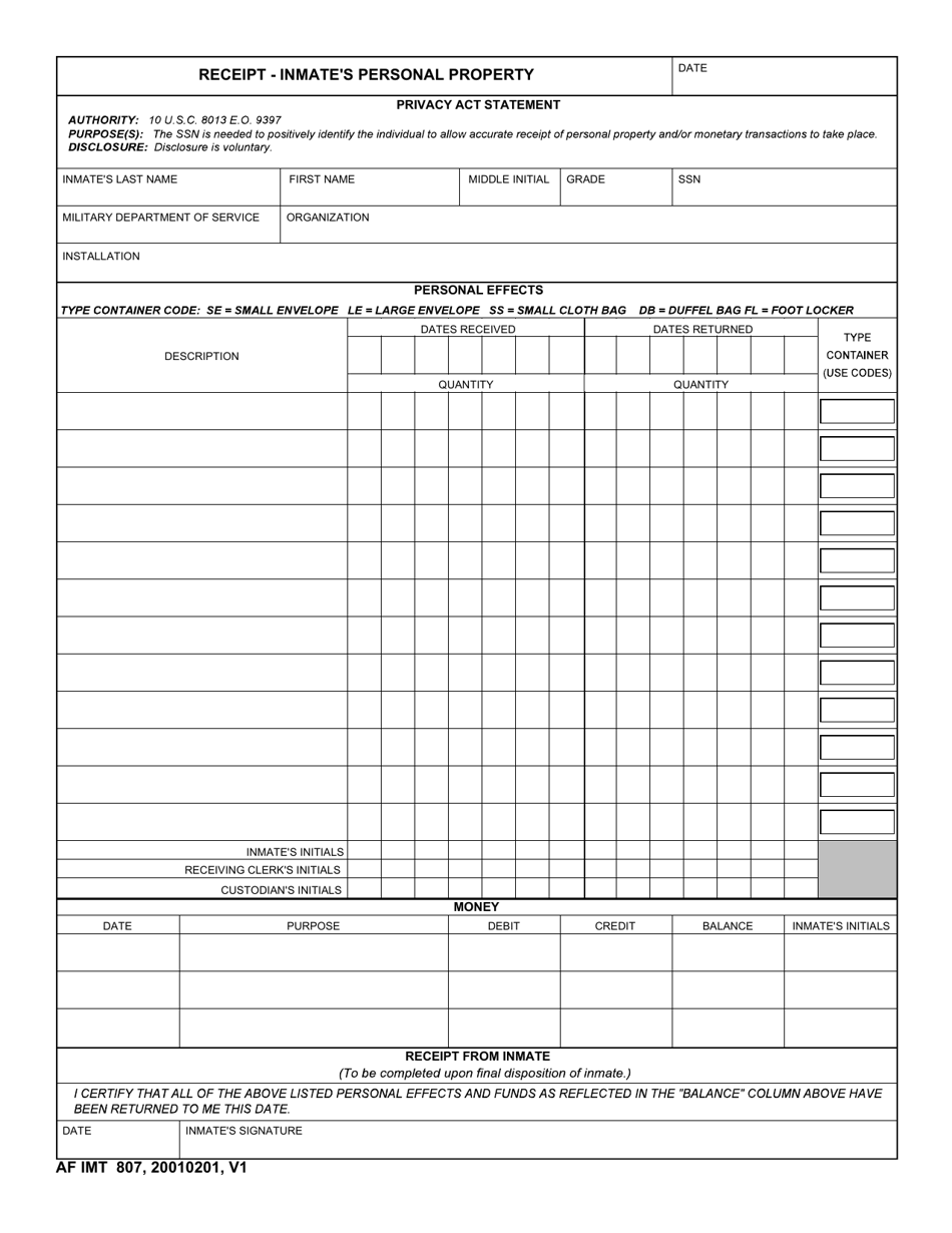 AF IMT Form 807 Receipt - Inmates Personal Property, Page 1
