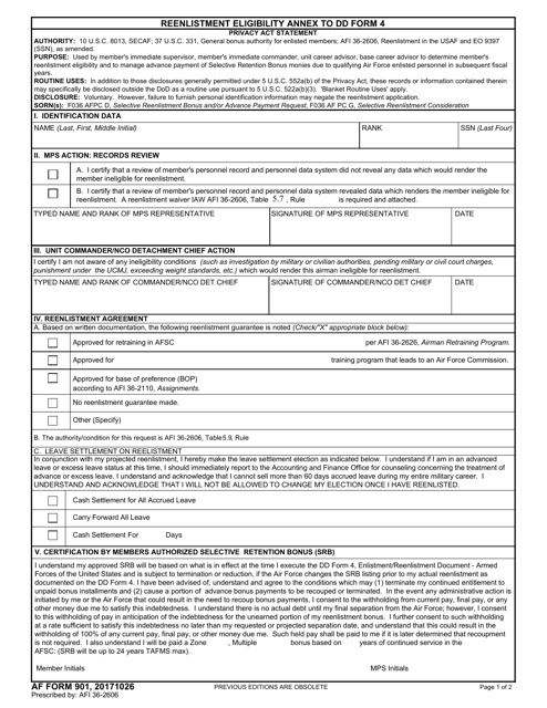 AF Form 901 Reenlistment Eligibility Annex to DD Form 4